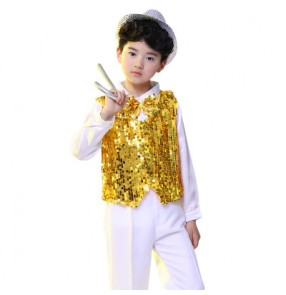 Gold royal blue red sequined boys kids child children kindergarten school play show modern dance jazz dance hip hop dance costumes outfits